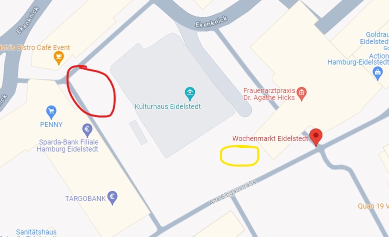 Die Karte zeigt den Bereich rund um den Wochenmarkt Eidelstedt in Hamburg. Markierungen kennzeichnen wichtige Orientierungspunkte sowie den Standort des Marktstands von Hof Bimöhlen innerhalb des Marktgeländes. Umliegende Geschäfte und Einrichtungen erleichtern Besuchern die Orientierung.